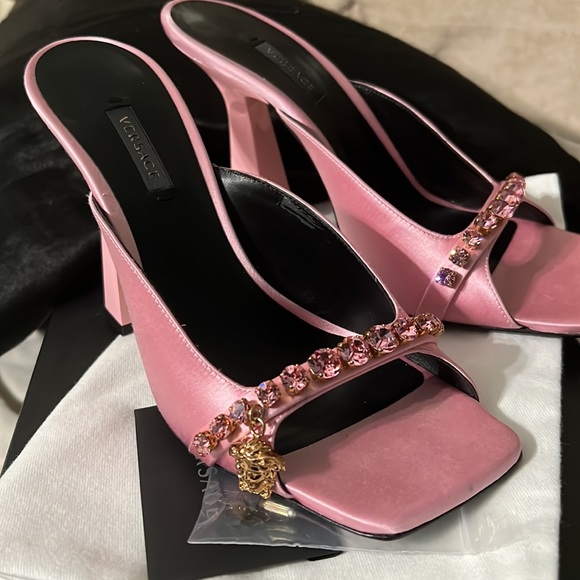 Versace Shoes - Versace Pink Artifact Satin Mules